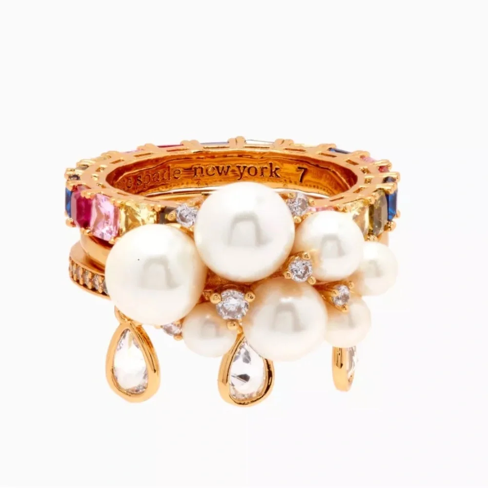 Kate Spade rain or shine stacking Goldtone Ring Set with Pearl & Crystals Size 7